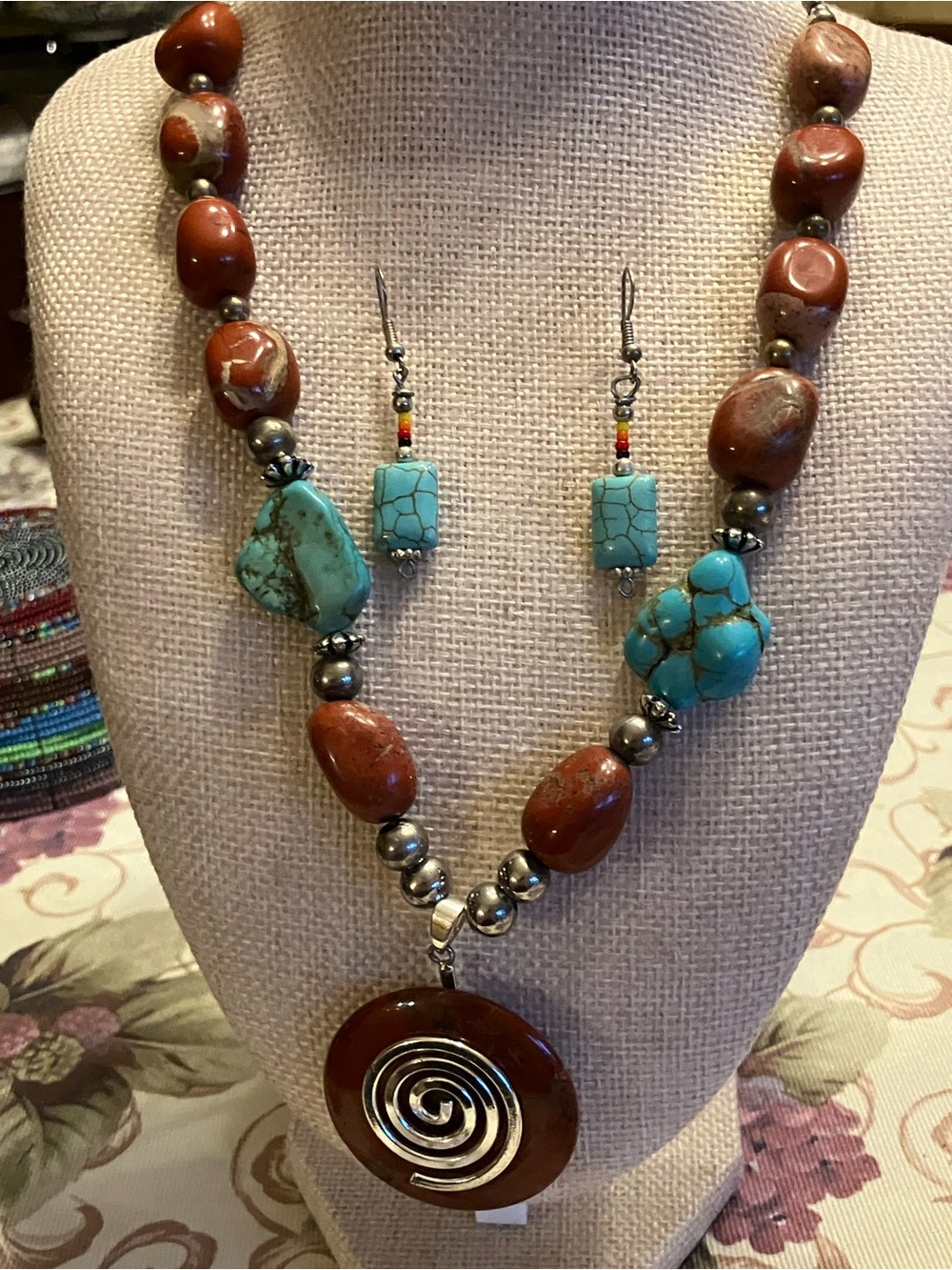RED JASPER AND AUTHENTIC TURQUOISE SILVER ACCENTS WITH TURQ EARRINGS